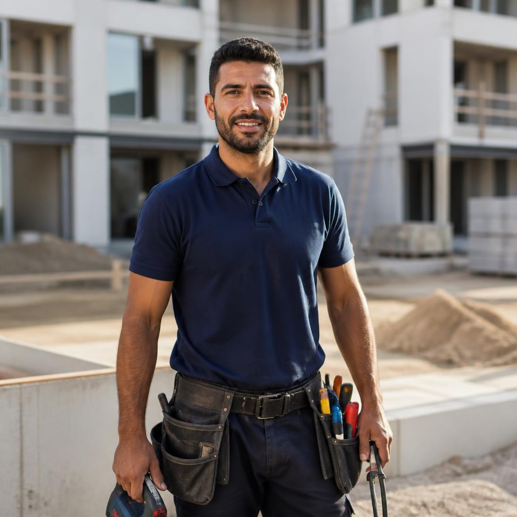 Zufriedener Handwerker mit gelben Arbeitshandschuhen freut sich über neue Aufträge